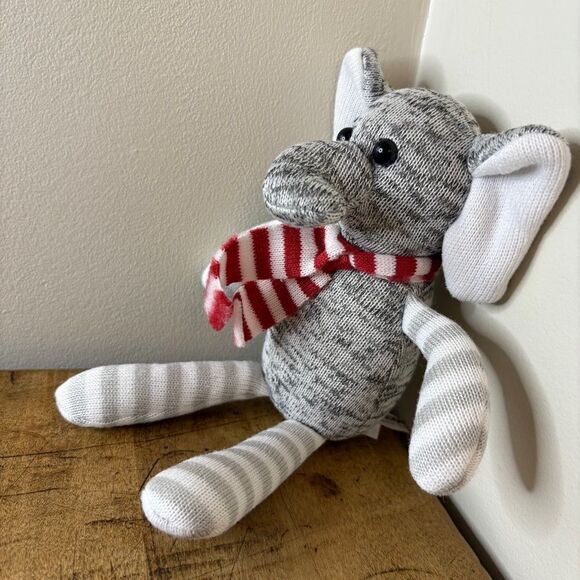 Gray & White Striped Sock Elephant Plush Toy Red White Scarf 9" Good Used Condit - Picture 4 of 6